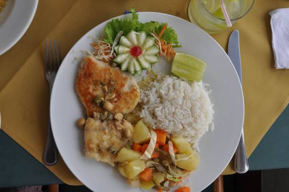 Almoçando tucunaré e pirarucu com molho de frutas, em Manaus - AM. Uma delícia!!!